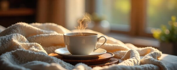 A steaming cup of tea sits on a cozy table, surrounded by comforting elements like soft blankets and warm lighting, evoking a feeling of pure bliss and relaxation , peaceful, zen, cup