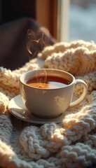 A steaming cup of tea rests on a cozy knitted blanket, radiating warmth and tranquility  Perfect for representing comfort, relaxation, and self-care on a chilly day , cozy feeling, interior