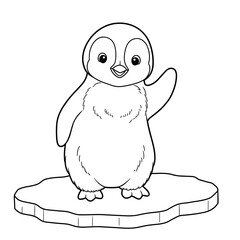A fluffy cartoon baby penguin stands on a floating ice floe, waving with one flipper. Its rounded body, cheerful face, and simple icy setting make it perfect for kid-friendly designs.