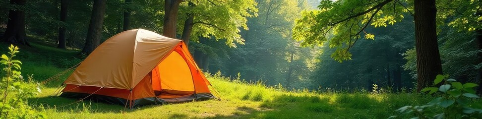 A spacious dome tent pitched in a lush green forest clearing, sunlight dappling through the trees Perfect for family adventures or a weekend getaway in nature , vacation, green, idyllic
