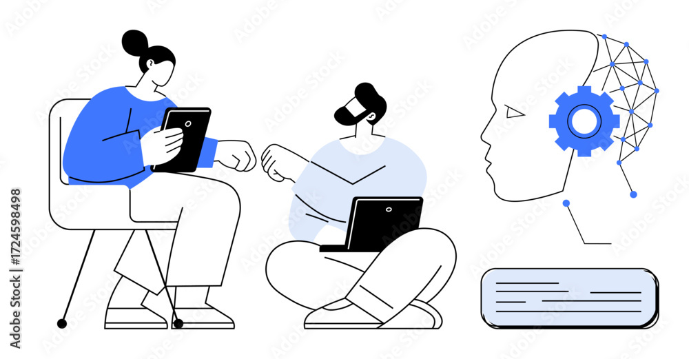 Aufkleber two individuals discuss technology using tablets and laptops. a neural network head and data process