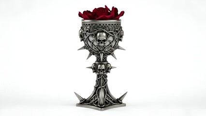 Gothic chalice with intricate skull carvings and red rose petals, isolated on a clear blank white background