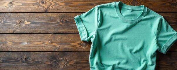 A soft, comfortable t-shirt lies casually draped on a rustic wooden surface, conveying a sense of relaxation and ease , organic, clothing item
