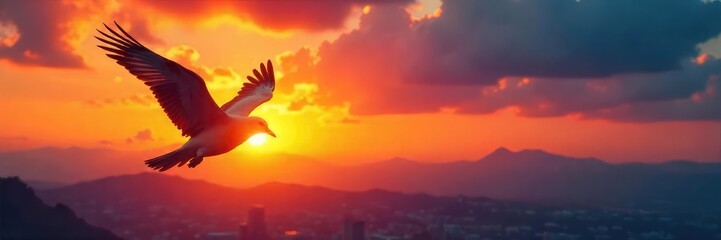 A soaring bird silhouetted against a vibrant sunset, symbolizing boundless imagination and the freedom of limitless possibilities  The image evokes a sense of adventure and escape ,  horizon,  vast