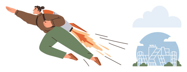 Person in casual attire using a rocket-powered jetpack soaring toward a mall building. Ideal for innovation, ambition, progress, urbanization, future technology, entrepreneurship, and goal