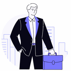Professional businessman standing with a briefcase in a suit and tie, a successful executive illustration