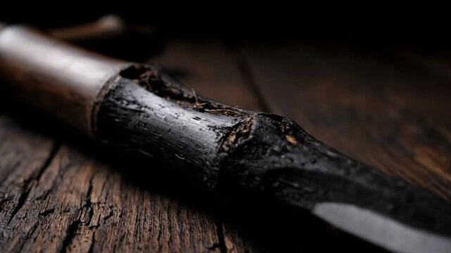 Cinematic Close-Up of Bamboo Spear (Bambu Runcing) on Rustic Wooden Surface with Dramatic Lighting