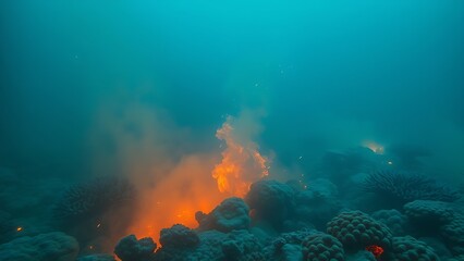 A terrifyingly beautiful underwater scene where the coral reef is consumed by an acidic neon-green and orange haze.