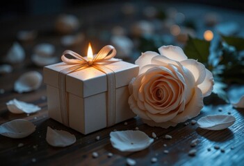 Enchanting Evening  Candlelight Glows on Cream Box   Rose   Shadowy Petals Add Mysterious Touch, Secrecy   Quiet Moments