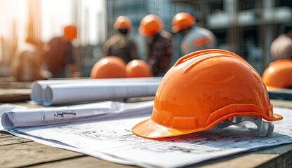 Construction site blueprints and hard hats