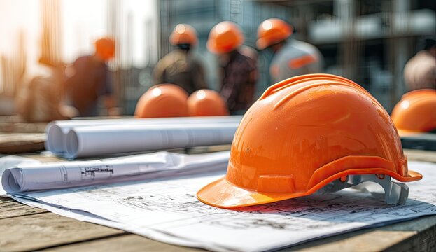 Construction site blueprints and hard hats