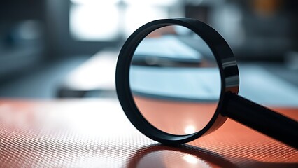 Magnifying glass on a textured surface highlights professional inspection under focused light.