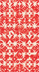 Geometric red and white pattern design with symmetrical shapes and floral elements.