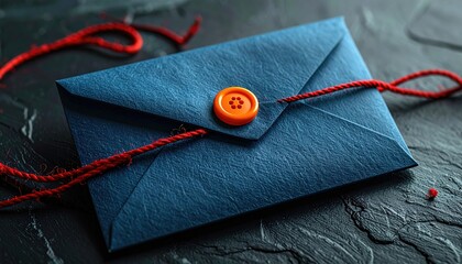 Close-up of a dark blue envelope sealed with a vibrant orange button and wrapped with thin, textured red string on textured dark surface
