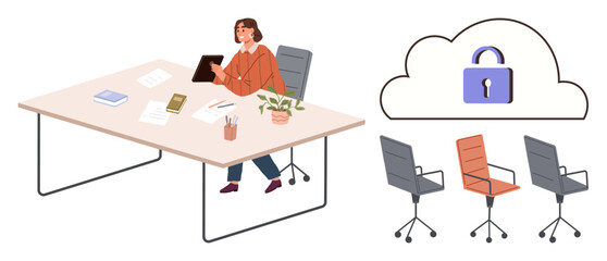 Woman with tablet at desk surrounded by office supplies, cloud with lock symbol above, empty chairs nearby. Ideal for themes of data protection, remote work, cybersecurity, privacy, workplace