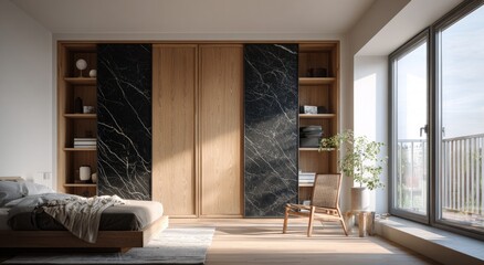 Modern bedroom with sliding wardrobe and natural light