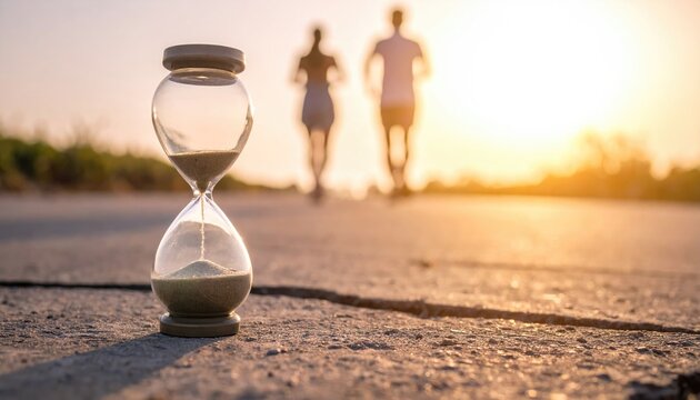 Hourglass sits on a cracked road as two blurred figures run towards the setting sun, creating a sense of urgency and the passage of time