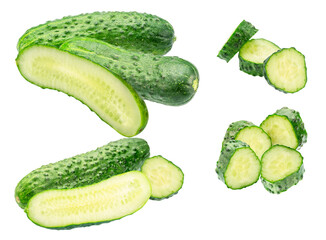 a group of cucumbers and cucumber slices for a healthy fresh diet