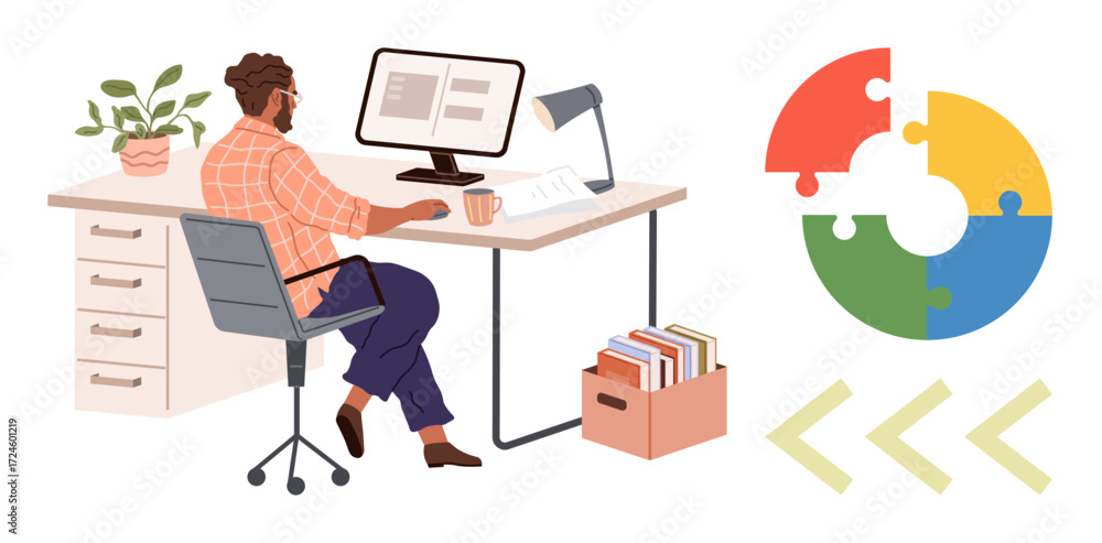 Poster man at desk working on computer, surrounded by office items, with circular puzzle infographic. ideal