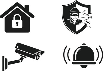 Home security system icons depicting protection against burglary and intrusion with surveillance camera and alarm for safety and peace of mind
