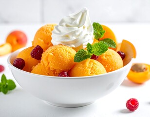 Bowl of apricot sorbet, topped with whipped cream, raspberries, and mint