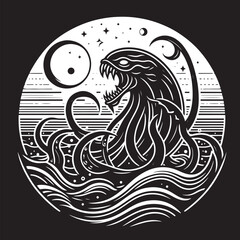 Octopus in the sea. Hand drawn vector illustration isolated on black background