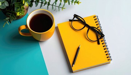 A vibrant, top-down shot of a yellow notepad with glasses, a pencil, coffee in a yellow mug, and a potted plant, set on a blue/white surface
