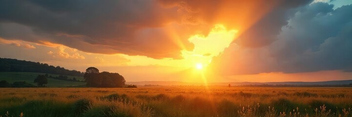 Warm sunlight streams through gaps in clouds, illuminating a landscape bathed in golden light  Perfect for nature, weather, energy, and environmental themes ,  warmth,  natural light