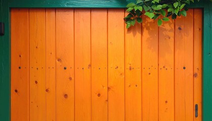 Fototapeta premium Orange wooden gate with a green frame, adorned by a small spray of leaves on the upper right corner, creating a summery, rustic scene
