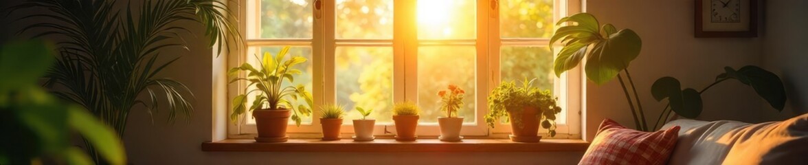 Warm sunlight streams through a window onto a welcoming, hopeful scene; a cozy interior with plants and soft textures suggesting comfort and optimism , indoor plants, light, contentment