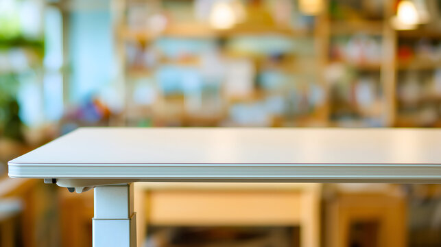 Empty White Adjustable Table With Blurred Shelves Background, motion blur Business concept, motion bokeh background