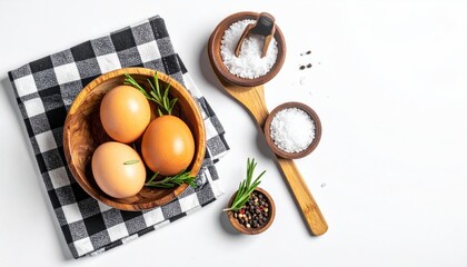 Overhead shot three eggs in a wooden bowl on a checkered napkin, salt in bowls, pepper, rosemary, and wooden spoon on white backdrop