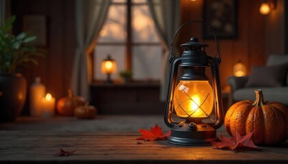 Warm, inviting glow of a household lantern illuminating a cozy interior Perfect for autumn, home decor, and rustic themes Creates a sense of peace and tranquility , cozy, illumination, night