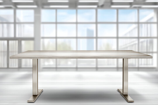 Empty Modern Table with Metal Legs in Bright Open Office Space, motion blur Business concept, motion bokeh background