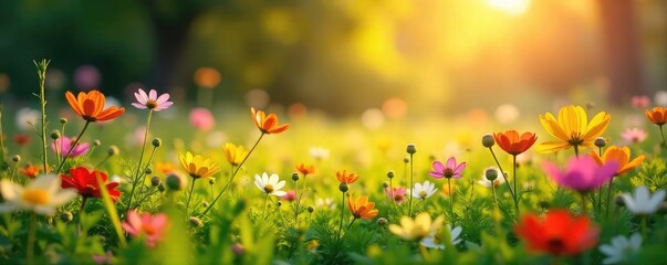 Vibrant wildflowers bloom in a lush meadow bathed in the warm glow of the spring sun Perfect for springtime themes, nature imagery, and seasonal celebrations , spring season, yellow