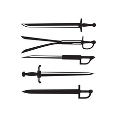  Black silhouette illustrations of different sabre designs on a white background. 