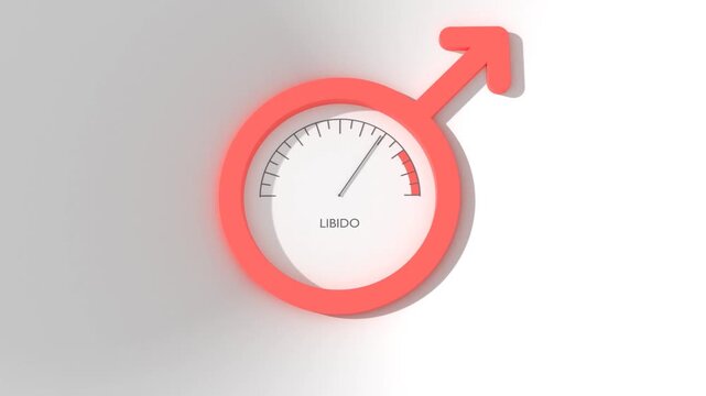 Meter scale with arrow inside male symbol. The libido level measuring device icon. Sign tachometer, speedometer or indicator. Infographic gauge element. Health care concept.