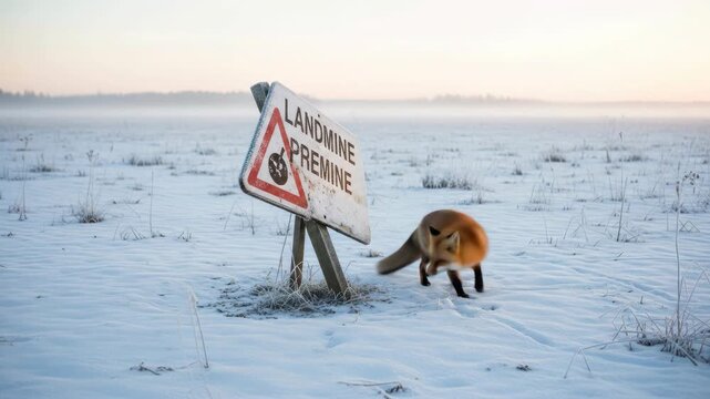 Alert fox examining landmine sign in winter snowy field, danger, safety. Sign reads LANDMINE in foreign language on white sign, caution.
