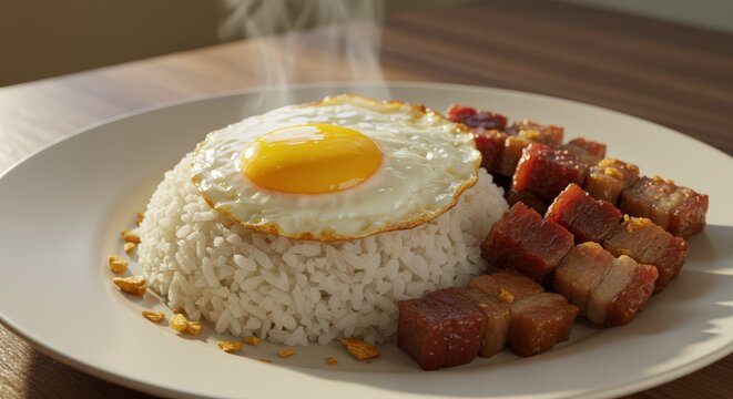 A Filipino Silog meal garlic rice, a fried egg (itlog), and a meat side.