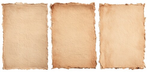 Fototapeta premium Three antique-toned paper sheets, torn at the edges, displayed on a white background