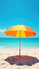 Fototapeta premium Vibrant beach umbrella providing shade on a sunny day Perfect for summer vacation, travel, and relaxation themes The umbrella casts a cool shadow on the sand , carefree, idyllic, outdoor