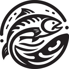 Illustration of a salmon fish on a background of the sea waves