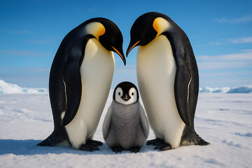 Obraz premium Penguin Family Portrait: A heartwarming portrait of three emperor penguins, a loving family stands closely on the Antarctic ice. Capture the resilience and unique connection