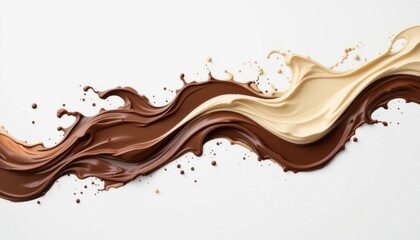 Dynamic Mix of Rich Chocolate and Creamy Vanilla Colors in a Fluid, Abstract Splash Design on a Clean White Background.