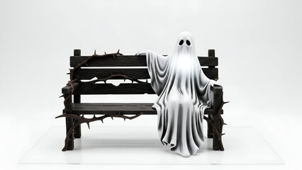 Haunted Bench A Ghostly Figure Takes a Seat, Isolated on White