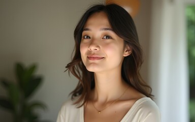 Portrait of serene young woman at wellness retreat. High quality