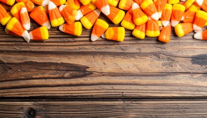 Candy corn piled on a dark wooden surface