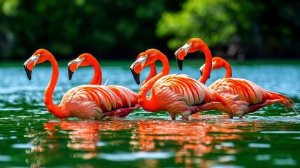 Four Flamingos in a Calm Green Lagoon