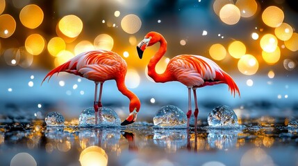 Two Flamingos on Ice with Bokeh Lights