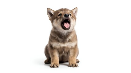 Obraz premium Cute Shiba Inu Puppy Sitting and Yelping On White Background - A Playful Canine Companion